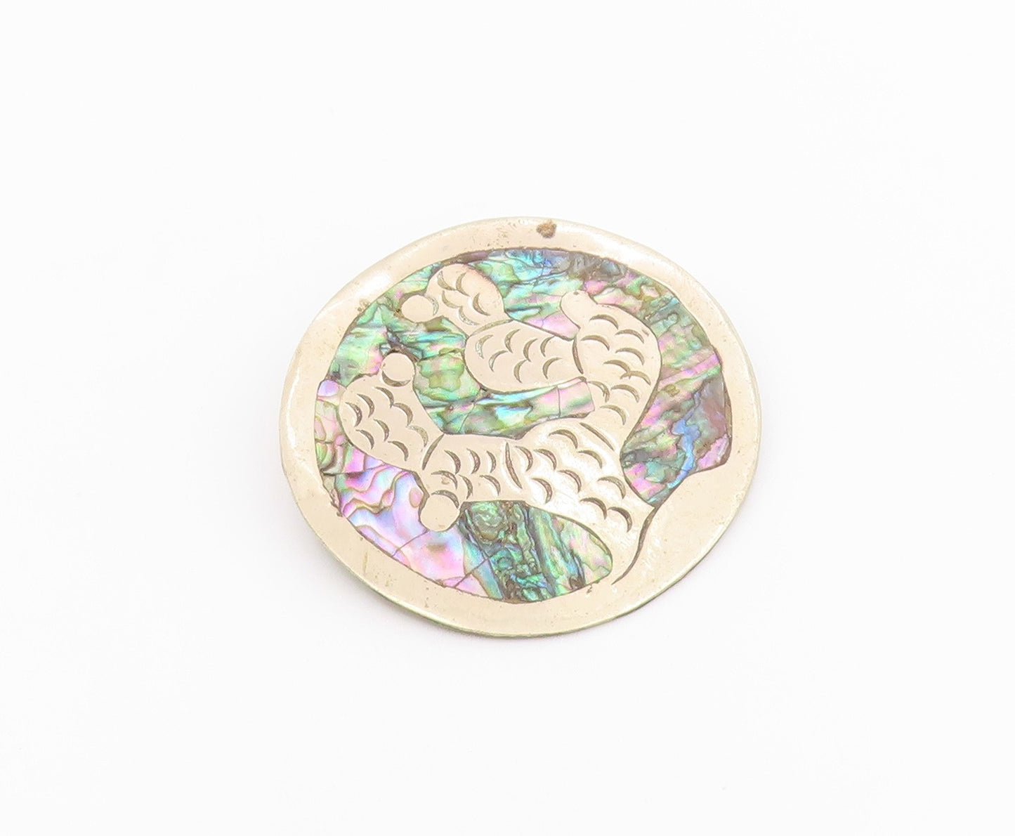 MEXICO 925 Sterling Silver  Vintage Abalone Etched Detail Brooch Pin  BP3485