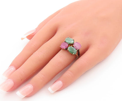 925 Sterling Silver Vintage Ring Gold Plated Ruby & Emerald  Sz 7  RG29824