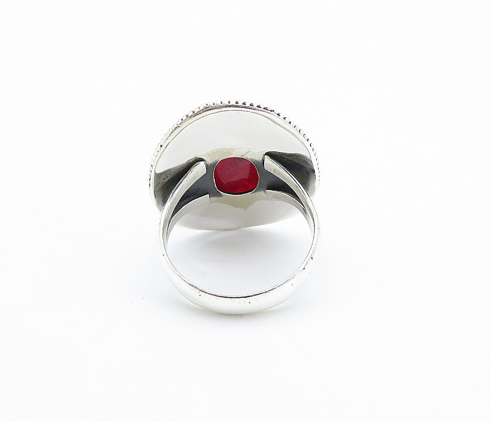 925 Sterling Silver  Faceted Ruby Bordered Shiny Cocktail Ring Sz 7.5  RG7787