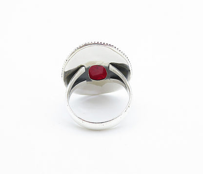 925 Sterling Silver  Faceted Ruby Bordered Shiny Cocktail Ring Sz 7.5  RG7787