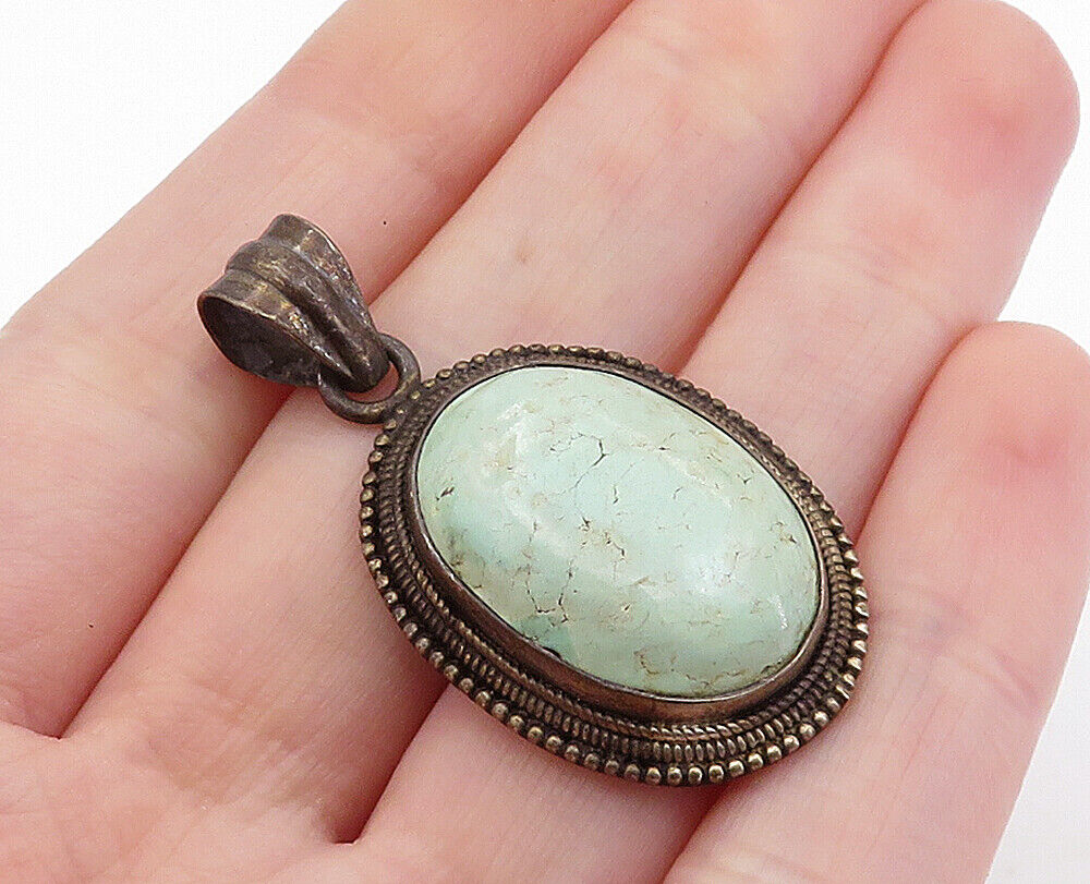 925 Sterling Silver  Vintage Antique Turquoise Oxidized Twist Pendant  PT5035