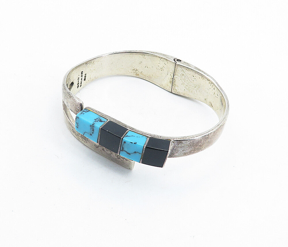 MEXICO 925 Silver  Vintage Turquoise & Black Onyx Bangle Bracelet  BT2007