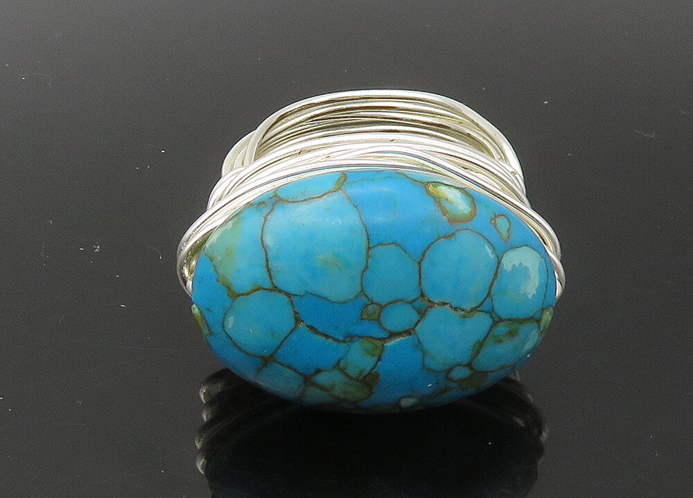 925 Sterling Silver  Vintage Turquoise Shiny Wire Cocktail Ring Sz 10  RG22600
