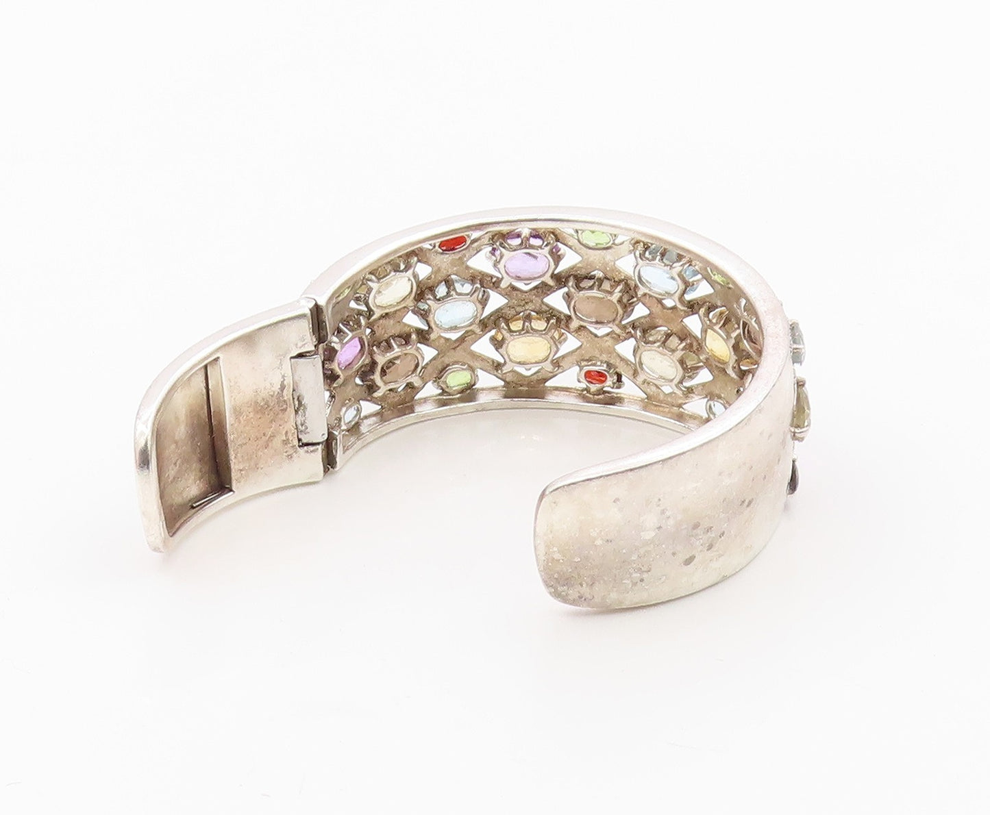 925 Sterling Silver Vintage Bracelet MICHELLE ALBALA Multi Gemstone Cuff BT11990