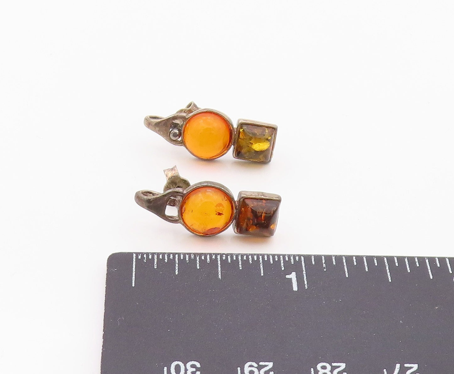 925 Sterling Silver Vintage Earrings Bold Cabochon Amber Geometric Drop  EG14367
