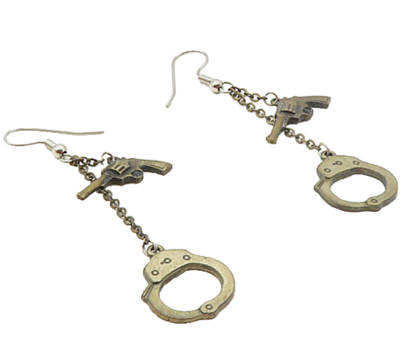 925 Sterling Silver  Vintage Dark Tone Gun & Handcuffs Dangle Earrings  EG4713