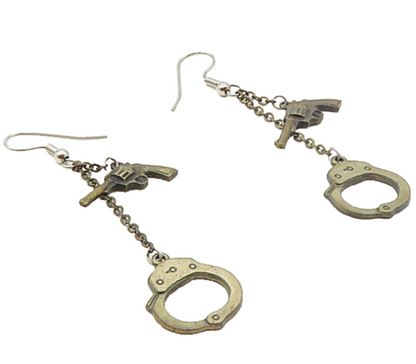 925 Sterling Silver  Vintage Dark Tone Gun & Handcuffs Dangle Earrings  EG4713
