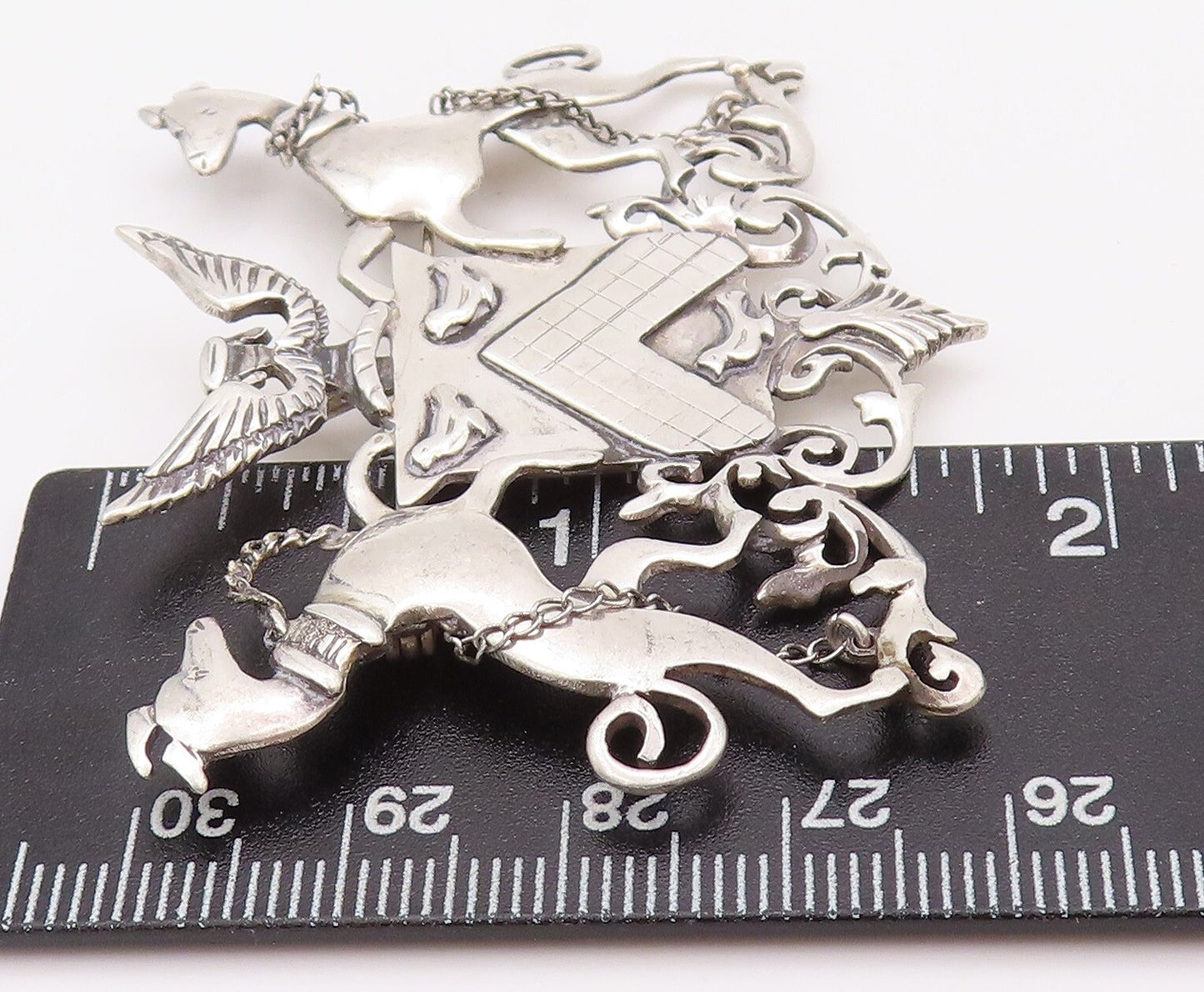 925 Sterling Silver Vintage Brooch Pin Coats Of Arms 2 Dogs Eagle Crest  BP11189
