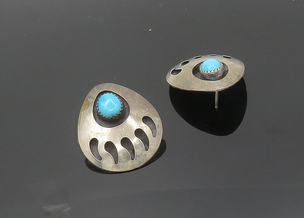 NAVAJO 925 Sterling Silver Vintage Turquoise Bear Claw Print Earrings EG9976