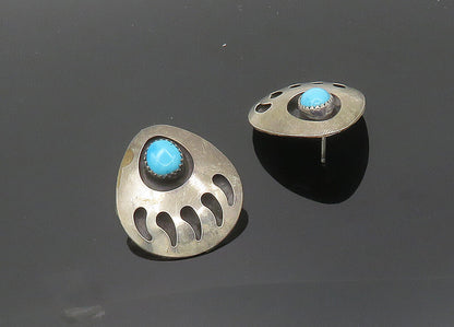 NAVAJO 925 Sterling Silver Vintage Turquoise Bear Claw Print Earrings EG9976