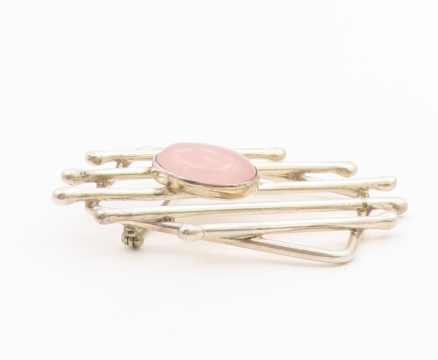 925 Sterling Silver Vintage Brooch Pin Rose Quartz Geometric Lattice  BP12596
