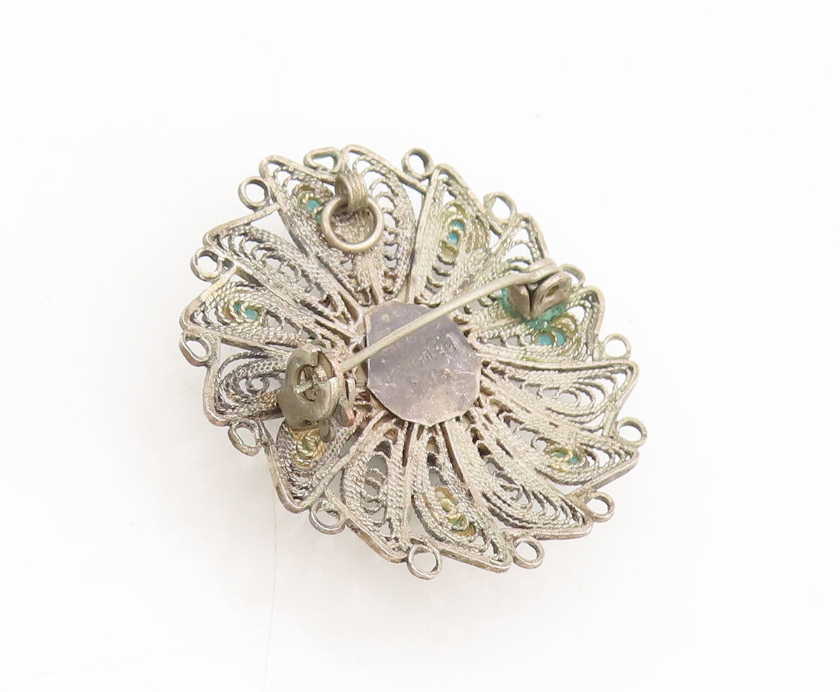 ISRAEL 925 Silver  Vintage Antique Filigree Turquoise Brooch Pin  BP10308