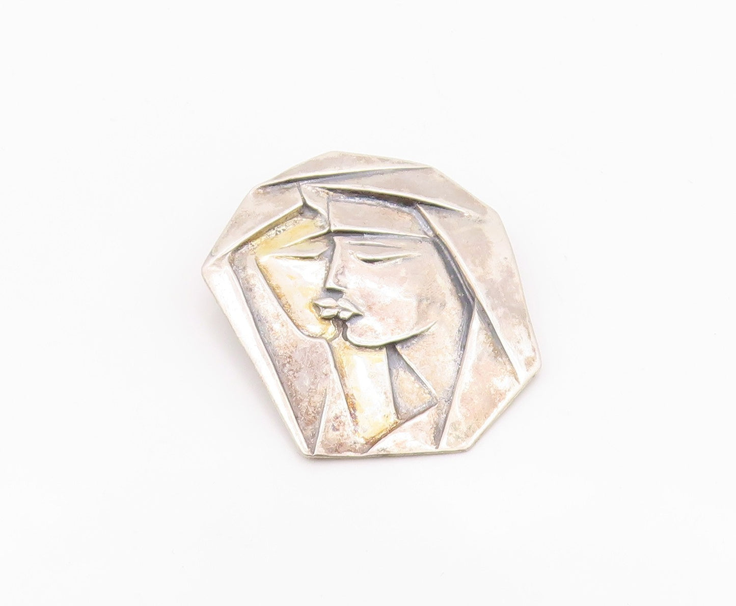 925 Sterling Silver Vintage Brooch Pin Geometric Duo Portrait Embrace  BP12558