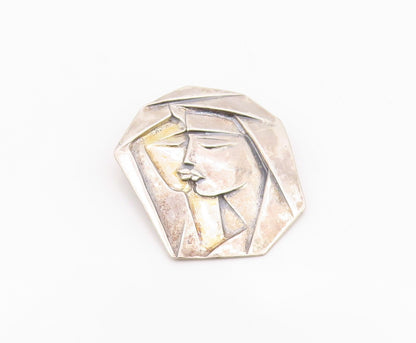 925 Sterling Silver Vintage Brooch Pin Geometric Duo Portrait Embrace  BP12558