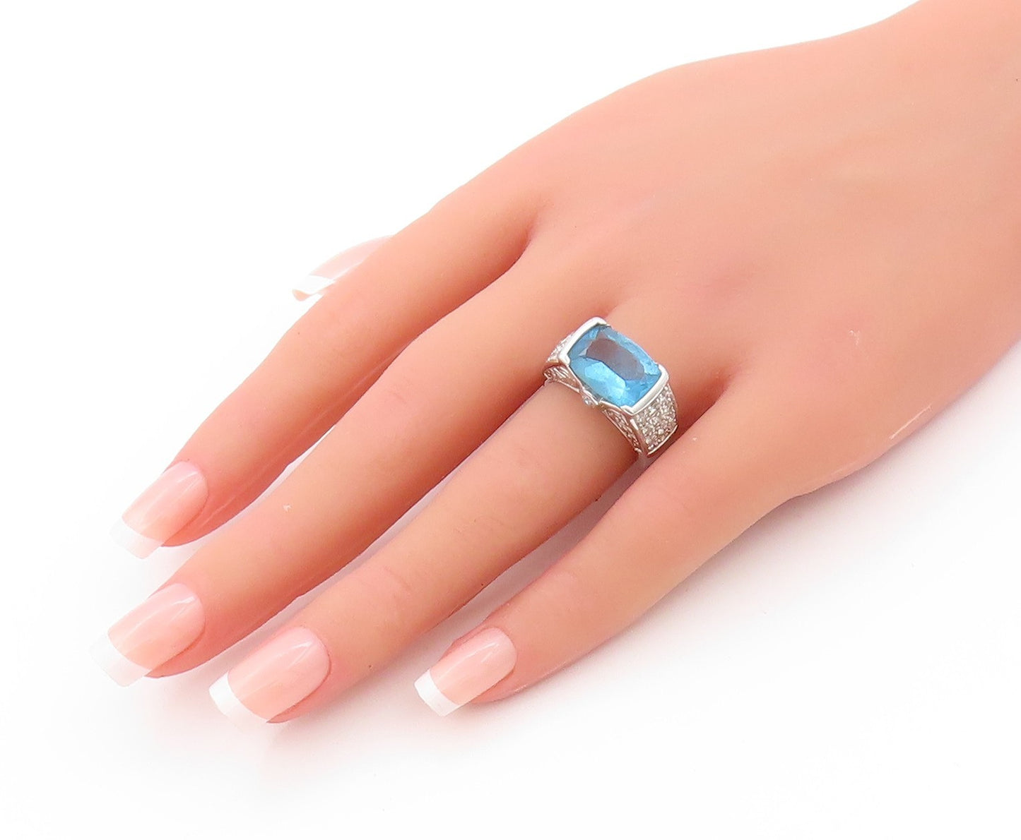 925 Sterling Silver Vintage Ring Designer Rectangle Blue & White CZ Sz 7 RG32892