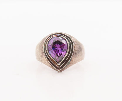 925 Sterling Silver Vintage Ring Drop Shape Step Carved Amethyst  Sz 7  RG29075