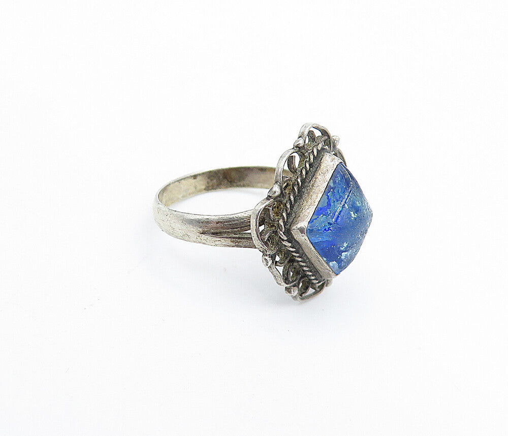 MEXICO 925 Silver  Vintage Blue Topaz Swirl Border Cocktail Ring Sz 5  RG4401