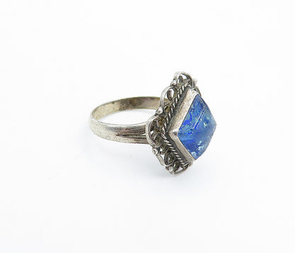 MEXICO 925 Silver  Vintage Blue Topaz Swirl Border Cocktail Ring Sz 5  RG4401