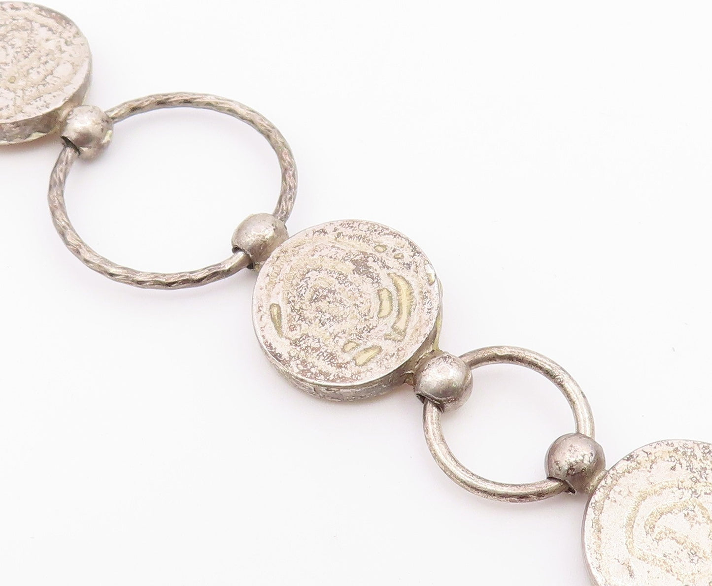 925 Sterling Silver  Vintage Beaded Detail Circle Link Chain Bracelet  BT6248