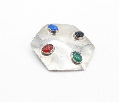 MEXICO 925 Silver  Vintage Black Onyx & Topaz Hexagon Shape Brooch Pin  BP2042