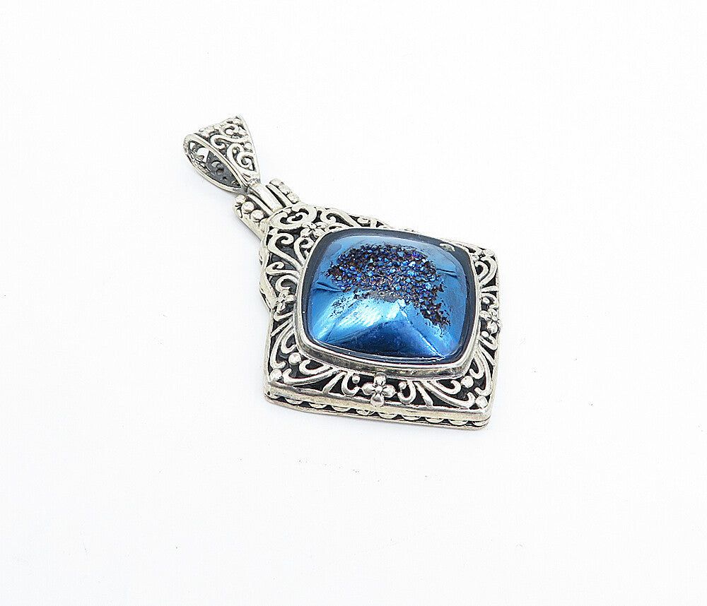 BERIA 925 Sterling Silver  Vintage Blue Druzy Floral Swirl Pendant  PT2754