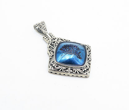 BERIA 925 Sterling Silver  Vintage Blue Druzy Floral Swirl Pendant  PT2754