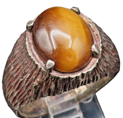 925 Silver  Vintage Cabochon Tiger's Eye Branch Textured Ring Sz 10  RG25957