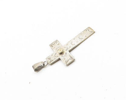MEXICO 925 Silver  Vintage Religious Cross Etched Pattern Pendant  PT15457