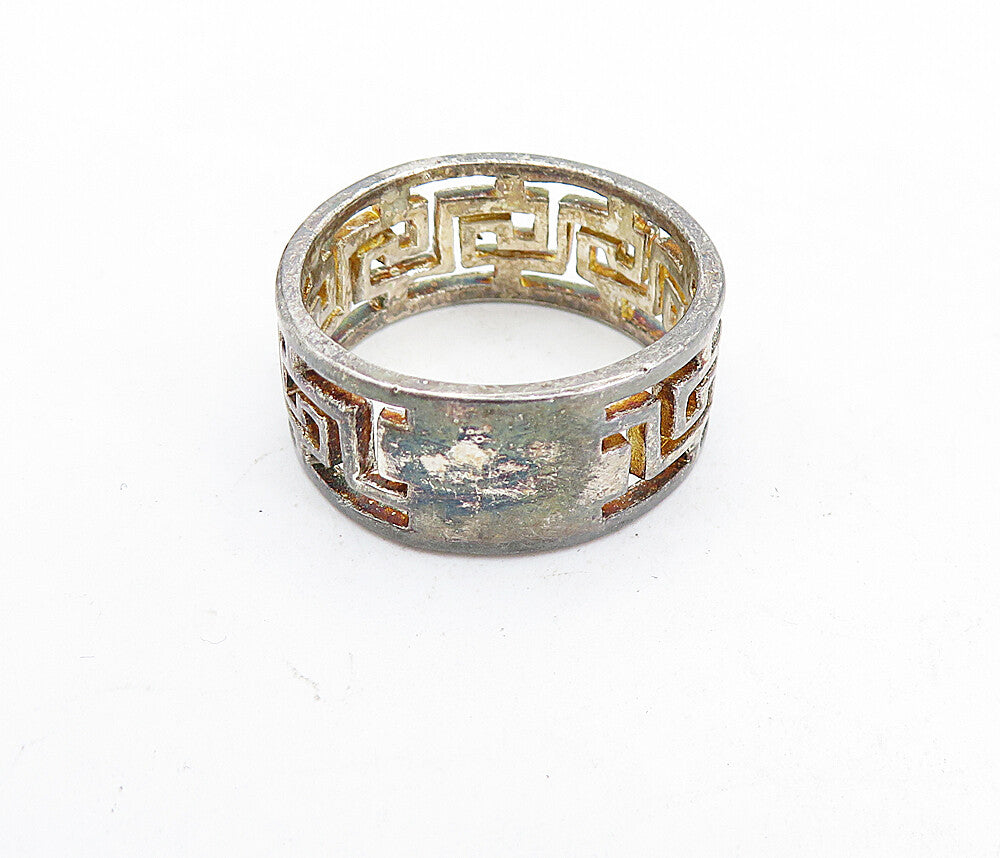 925 Sterling Silver  Vintage Dark Tone Greek Key Band Ring Sz 7.5  RG5729