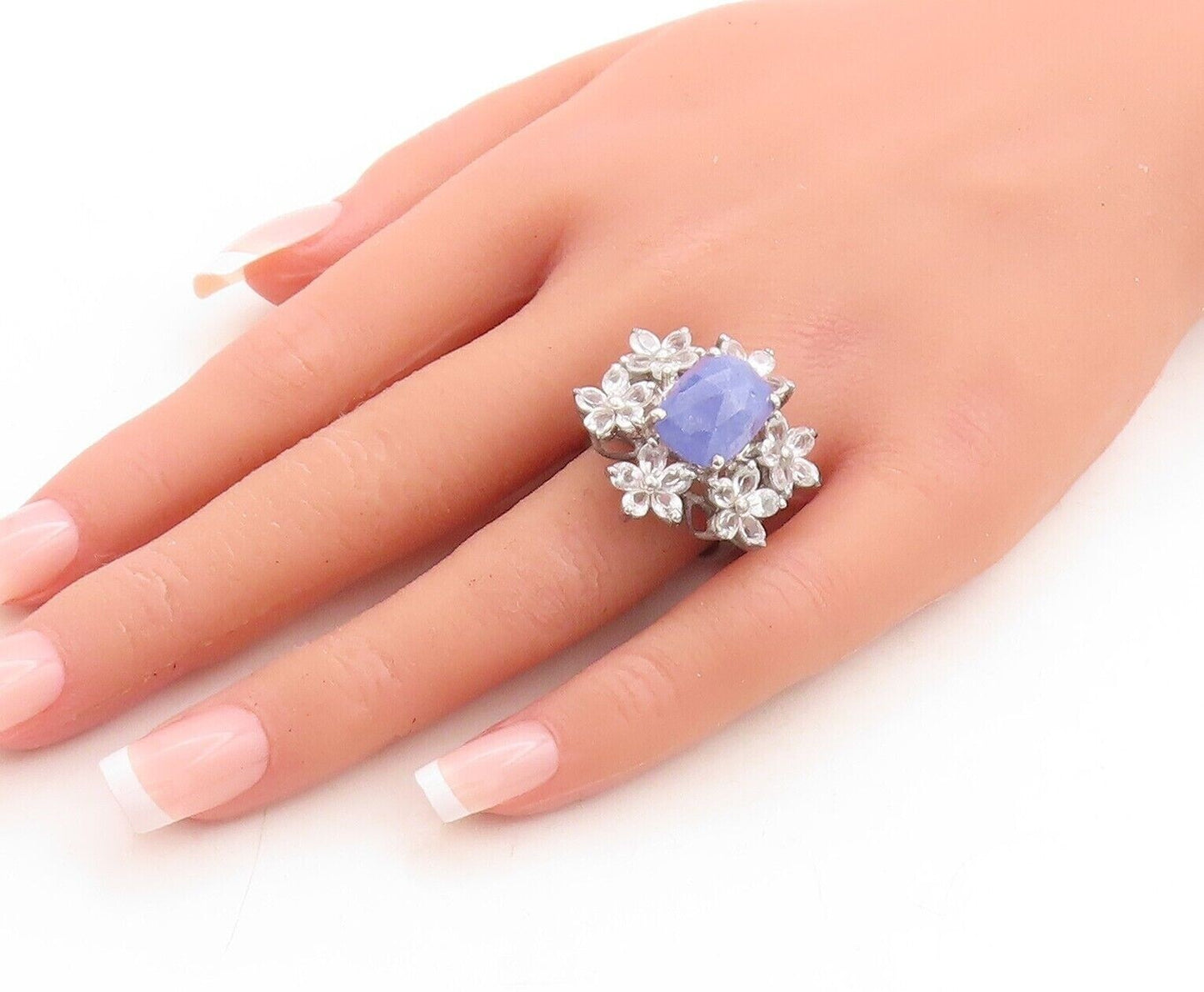 925 Sterling Silver Vintage Ring Tanzanite Cutout Topaz Flowers  Sz 8  RG30124