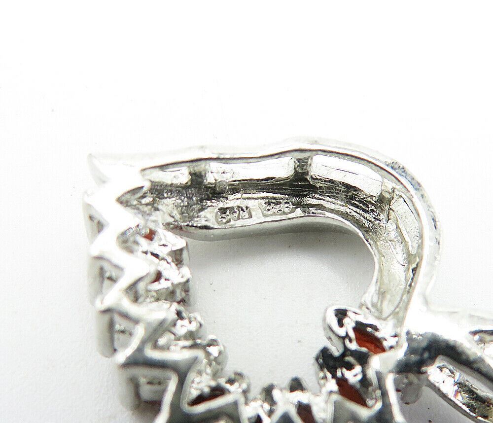 925 Sterling Silver  Vintage Red Topaz & Genuine Diamond Heart Pendant  PT5039