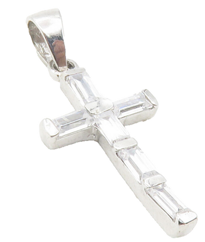 925 Sterling Silver  Shiny Cubic Zirconia Religious Cross Drop Pendant  PT9563