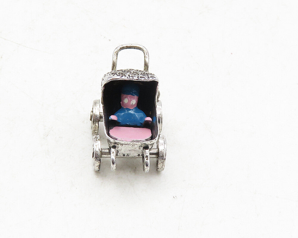 925 Sterling Silver  Vintage Petite Old Fashioned Baby Carriage Pendant PT7197