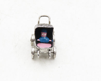 925 Sterling Silver  Vintage Petite Old Fashioned Baby Carriage Pendant PT7197