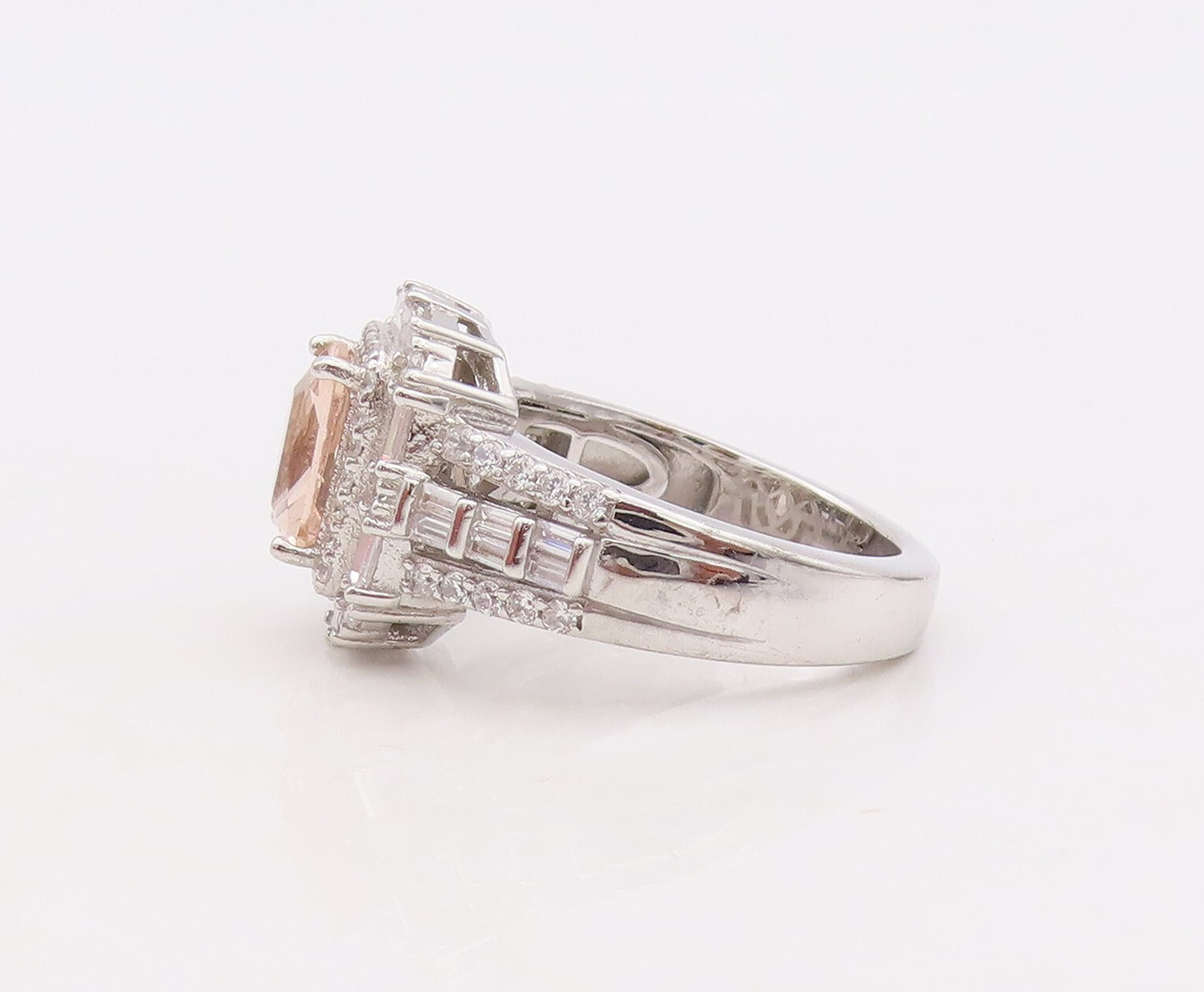 925 Sterling Silver Vintage Ring Rectangle Cut Morganite & CZ  Sz 7  RG29894
