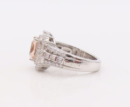 925 Sterling Silver Vintage Ring Rectangle Cut Morganite & CZ  Sz 7  RG29894