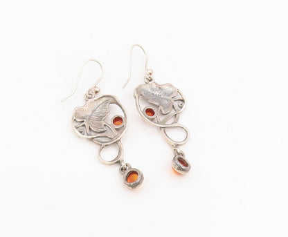 925 Sterling Silver Vintage Earrings Cabochon Amber Floral Leaf Motif  EG14076