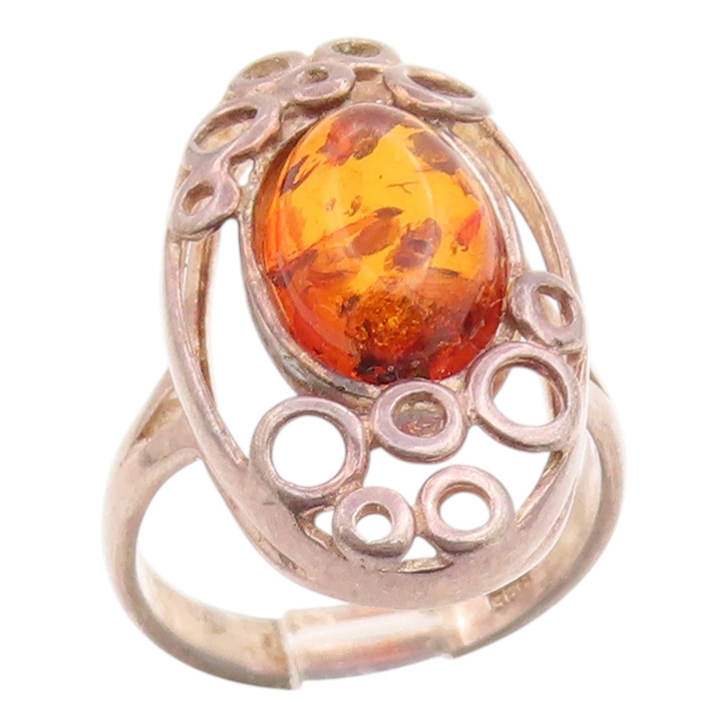 925 Sterling Silver Vintage Ring Cabochon Amber Circles Cutout Band Sz 7 RG35726