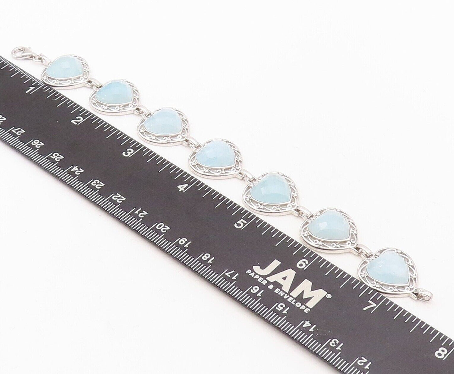 925 Sterling Silver Vintage Bracelet Heart Shape Aquamarine Swirly Cut  BT10710