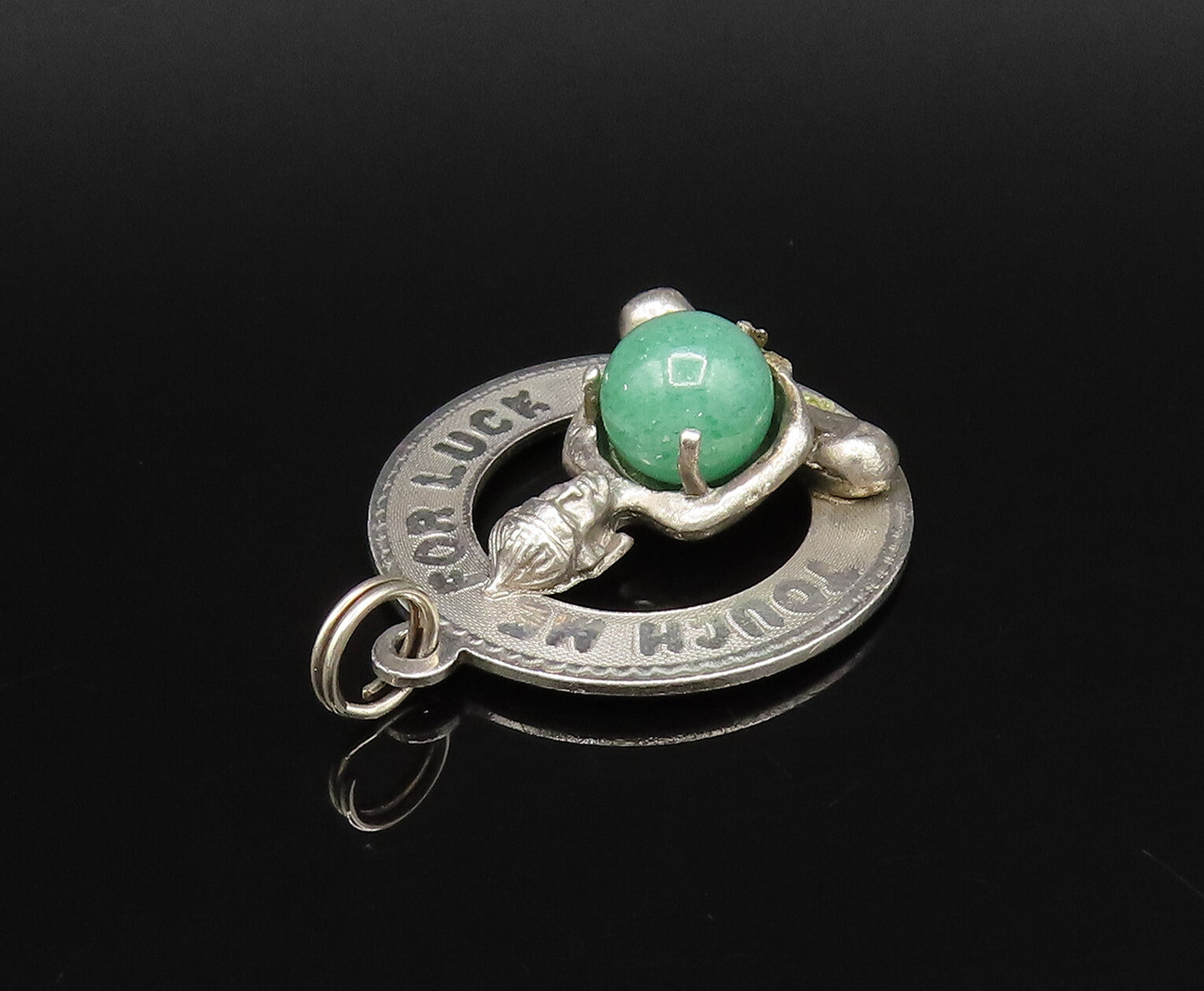 925 Sterling Silver  Vintage Touch Me For Luck Jade Medal Pendant  PT21758