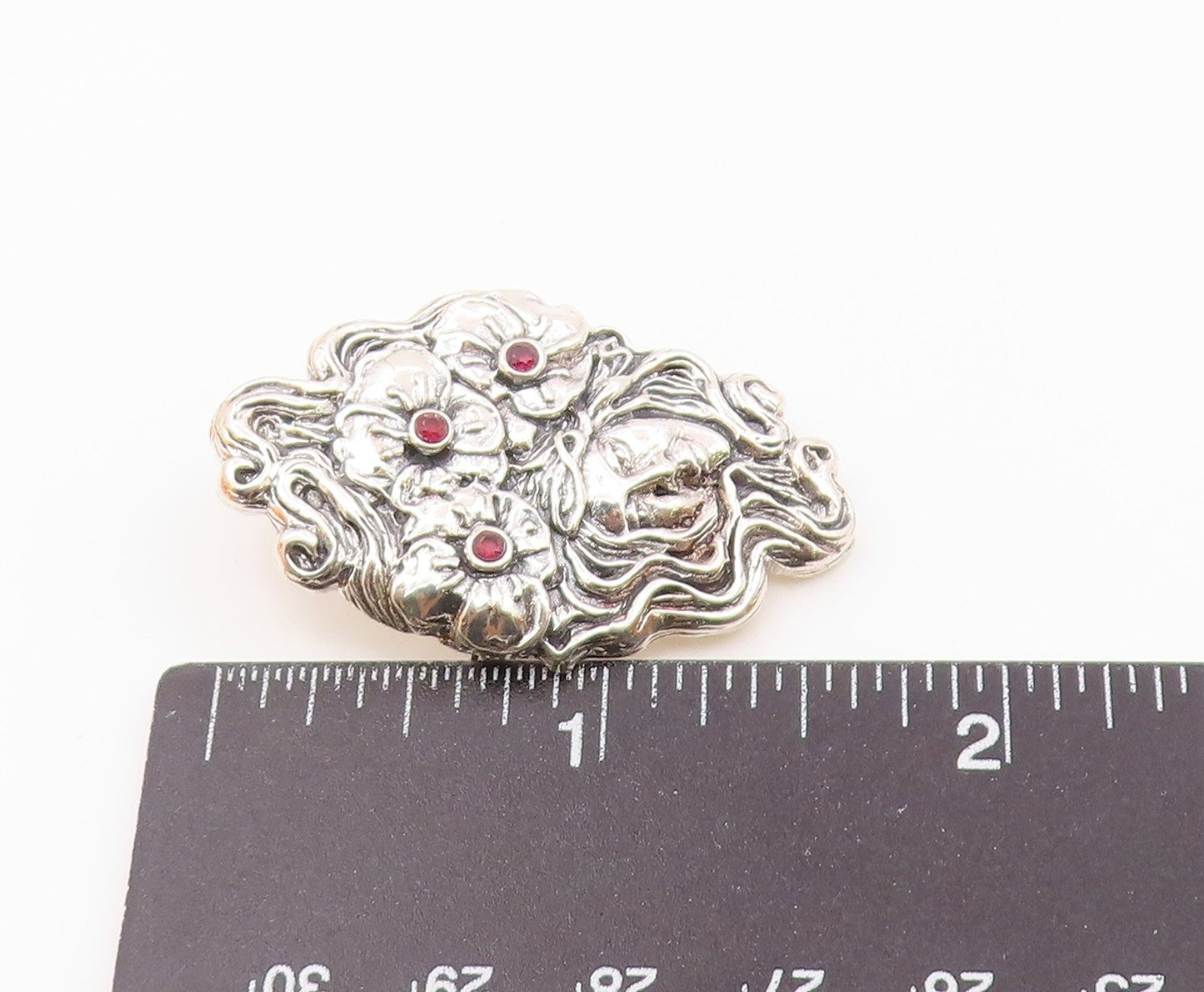 925 Sterling Silver  Vintage Garnet Floral Woman Shiny Brooch Pin  BP7953