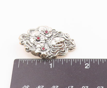 925 Sterling Silver  Vintage Garnet Floral Woman Shiny Brooch Pin  BP7953