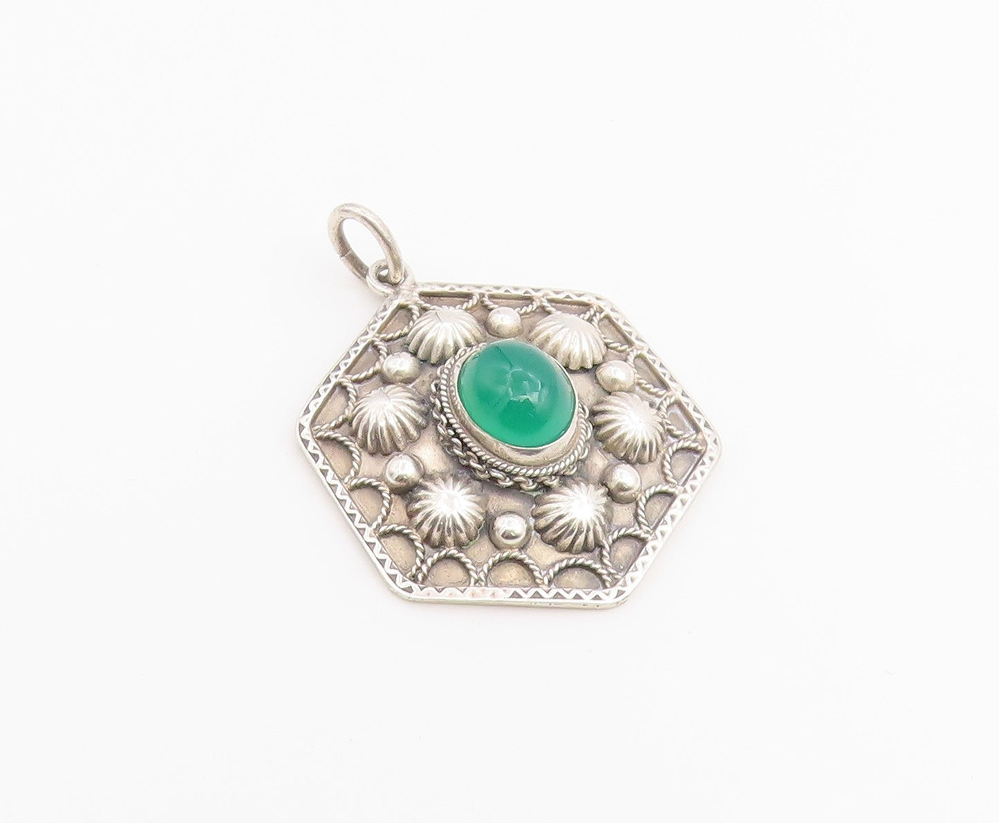 925 Sterling Silver Vintage Pendant Chalcedony Geometric Hexagon Charm  PT26532
