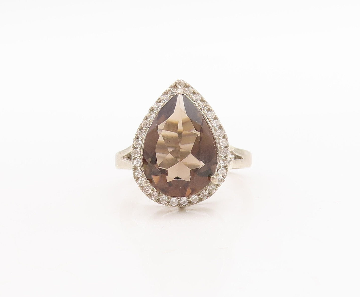 925 Sterling Silver Vintage Ring Drop Cut Smoky Quartz Halo CZ  Sz 7  RG29412