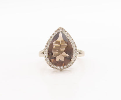 925 Sterling Silver Vintage Ring Drop Cut Smoky Quartz Halo CZ  Sz 7  RG29412