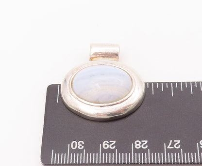 925 Sterling Silver Vintage Pendant Oval Cabochon Blue Laced Agate  PT22808