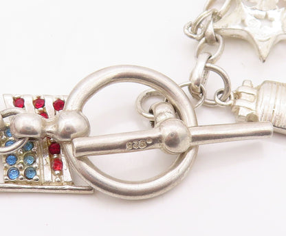 925 Sterling Silver Vintage Bracelet Dangling USA Charm Topaz Inlay  BT10805
