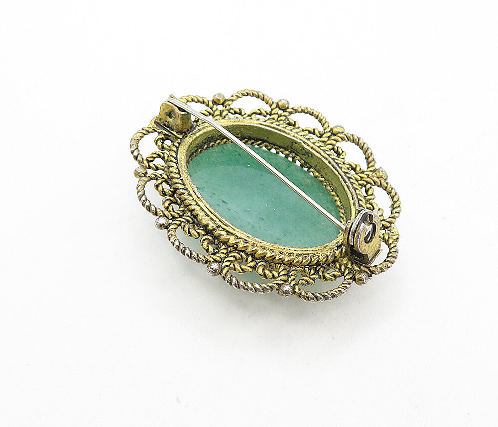925 Sterling Silver  Vintage Cabochon Cut Green Agate Twist Brooch Pin  BP3016
