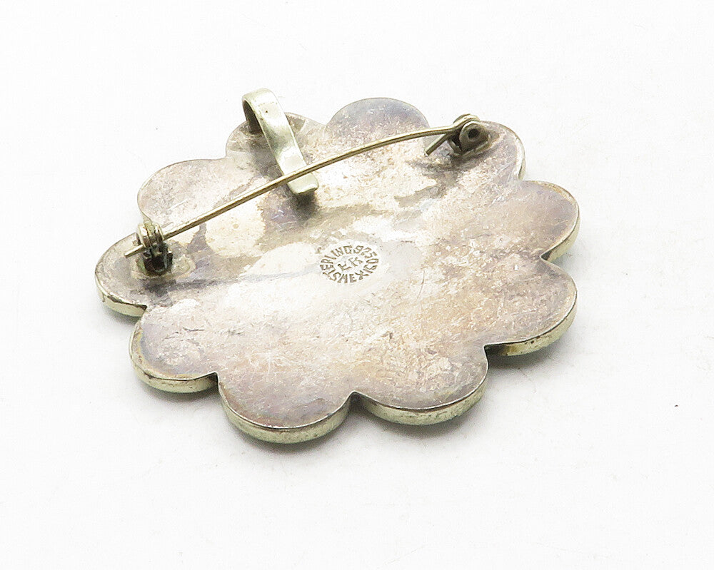 MEXICO 925 Silver  Vintage Abalone & Turquoise Swirl Flower Brooch Pin  BP4839