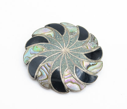 GARCIA MEXICO 925 Silver  Vintage Abalone Onyx & Jasper Brooch Pin  BP2817